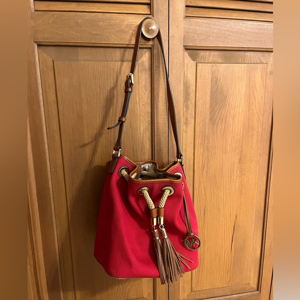 Michael Kors red cloth bucket handbag